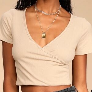 Lulus Ribbed Tan Wrap Top Size Small